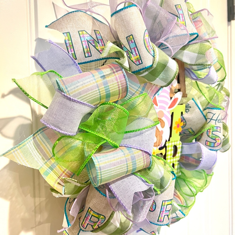 13” Ribbon Wreath "EASTER " Gnome Sign Hello Spring Handmade MW7 - Picture 5 of 11